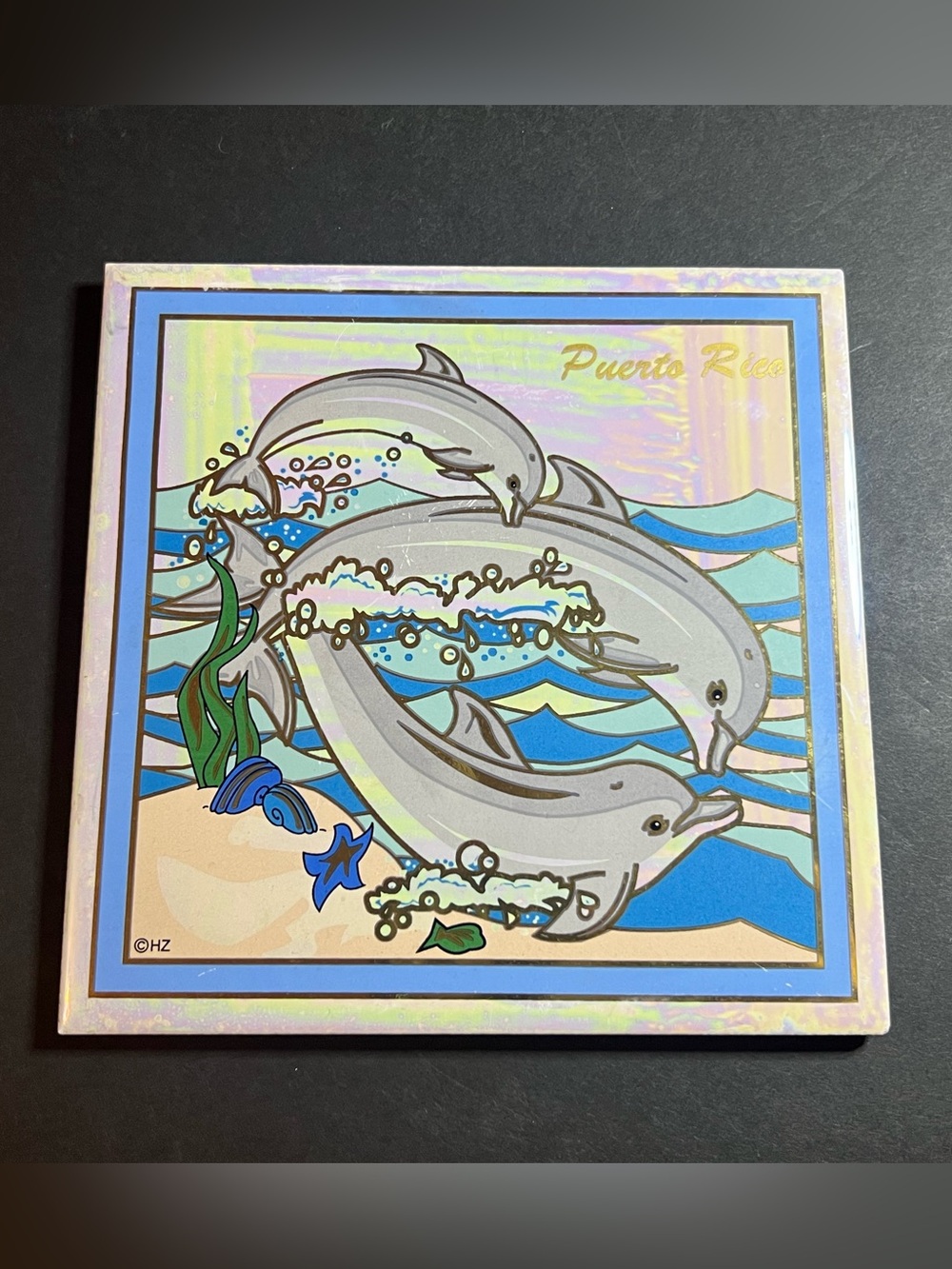 Whimsy Nautical Dolphins Puerto Rico Souvenir Square Ceramic Tile Wall Hanger 6"